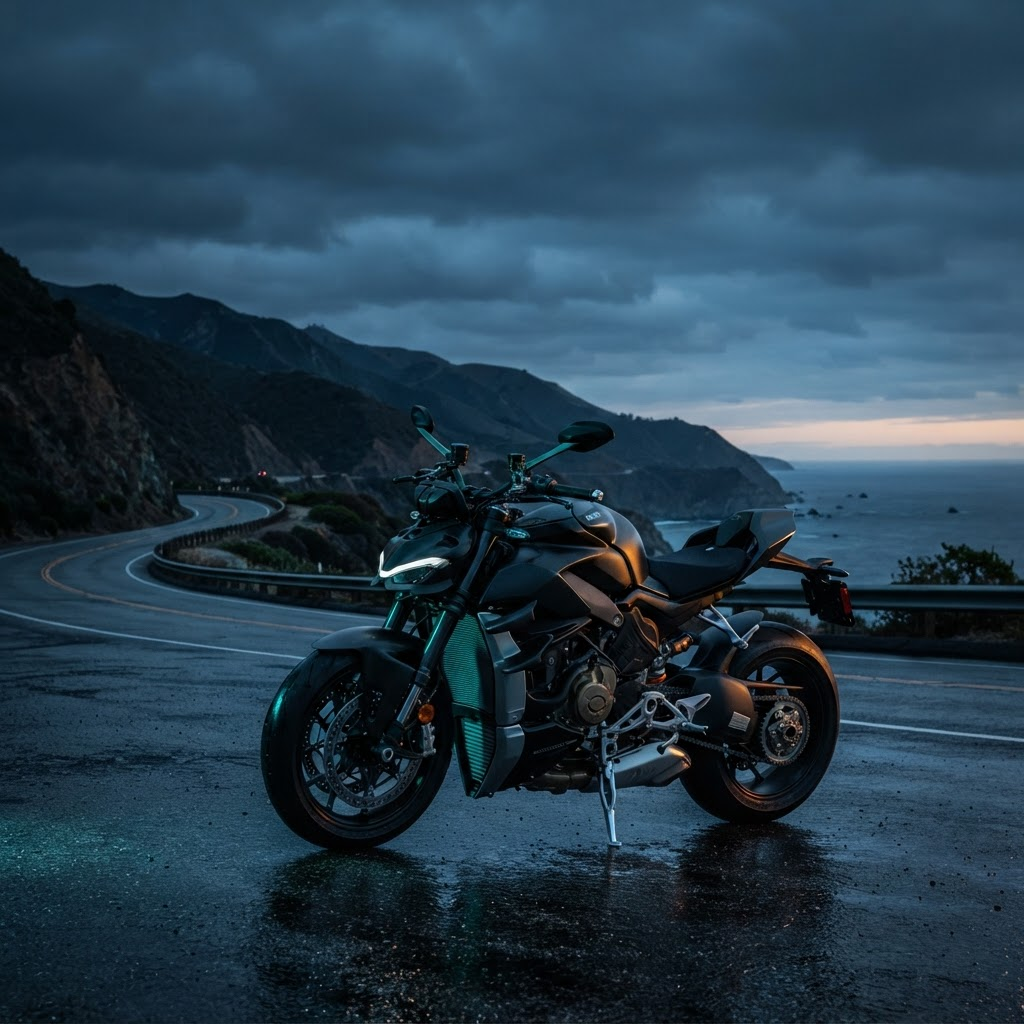 Streetfighter sport motorcycle creative at dusk