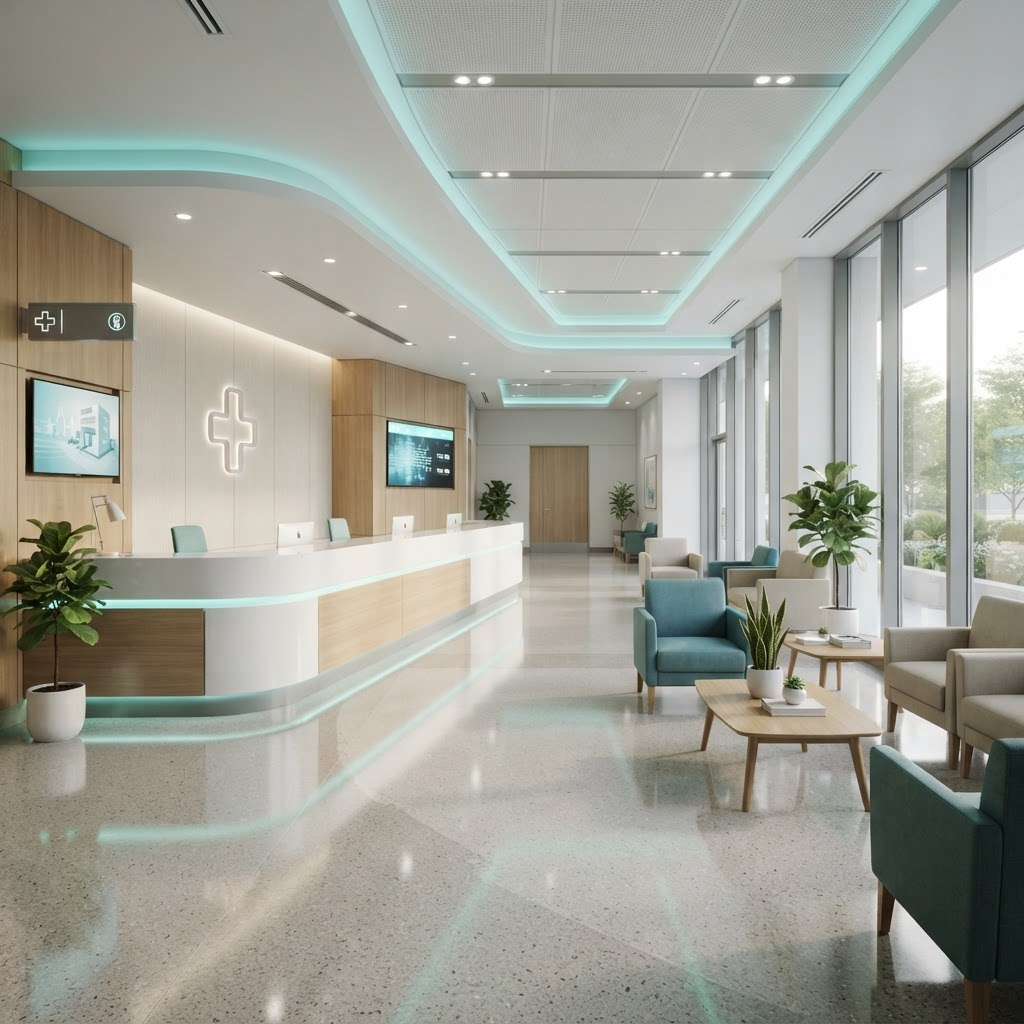 Healthcare creative showing a clean modern hospital reception