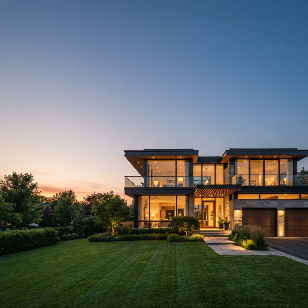 Real estate creative of a modern luxury home at dusk